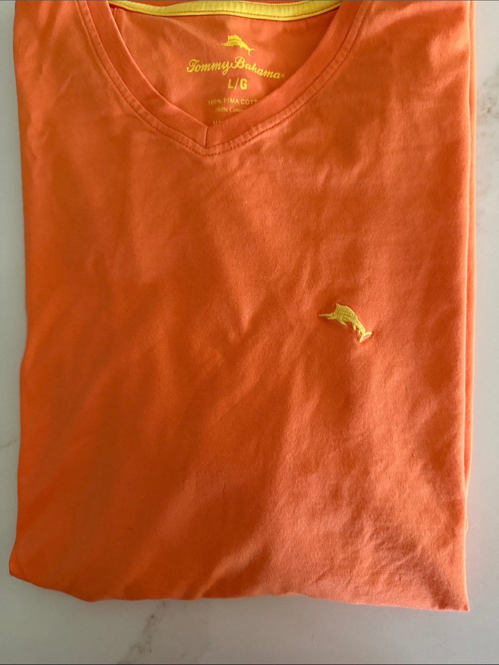 NWOT Tommy Bahama Orange V-Neck Tee with Yellow Dolphin Logo